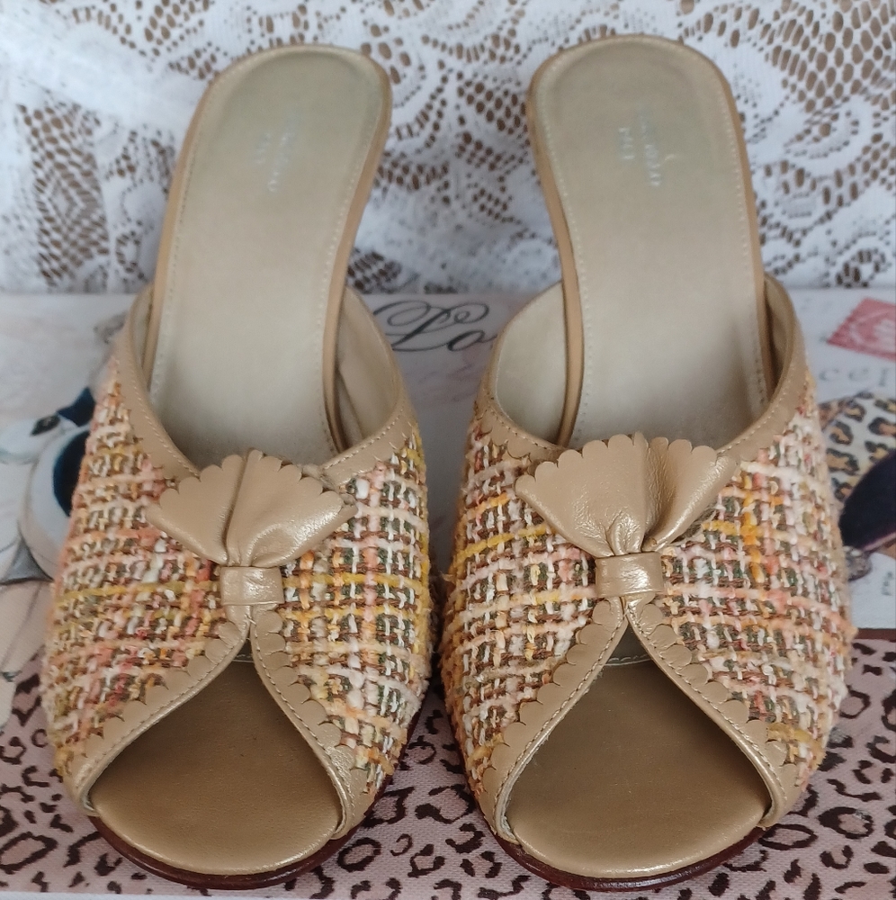 MARCELLO PACI LEATHER SOLE TWEED W/GOLD TRIM 2.5" HEEL PEEP TOE TASSELED 8M